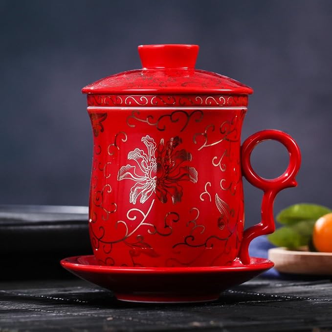 Porcelain Tea Cup with Infuser Lid and Saucer Sets