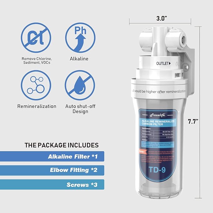 Frizzlife TD-9 Alkaline Remineralization Under Sink Inline Water Filter