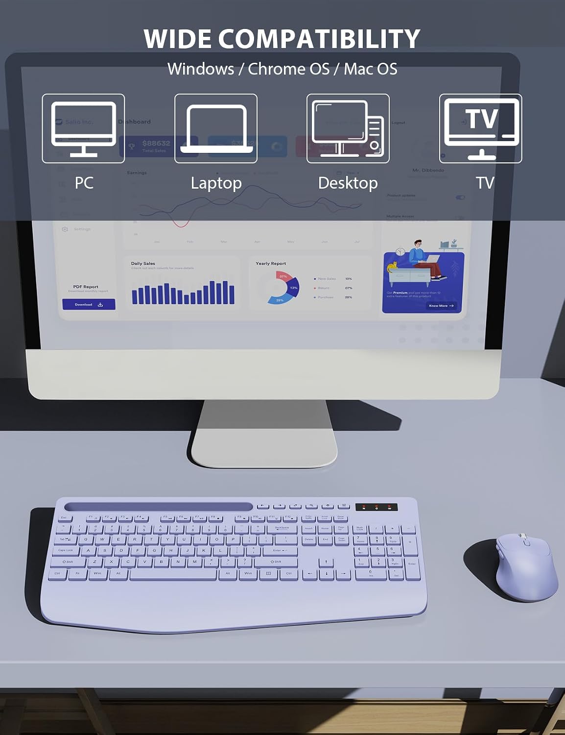 Wireless Keyboard and Mouse Combo - Full-Sized, Ergonomic Wrist Rest (Purple, 1 Pack)