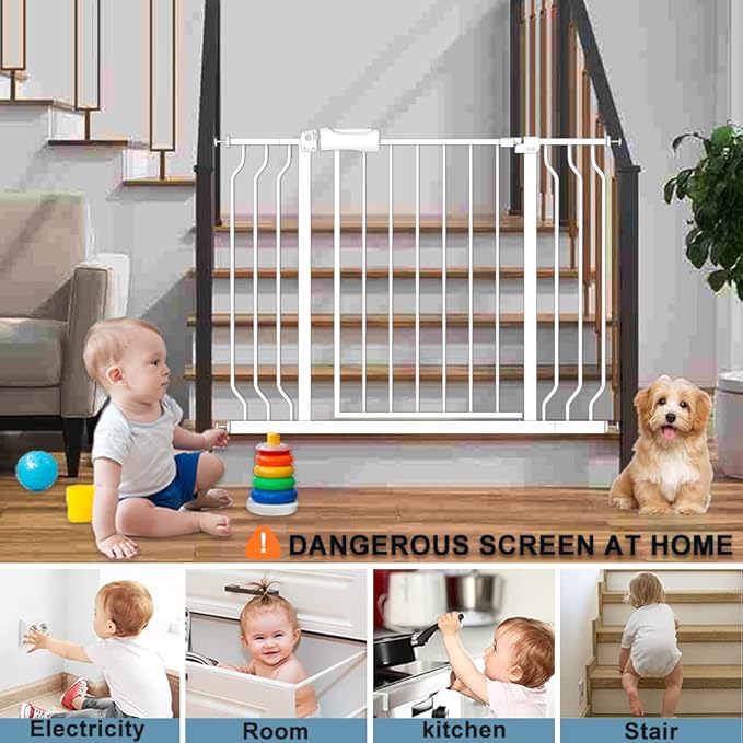 57.5-62" Extra Wide Baby Gate for Doorways,30" Tall Double Lock Mechanism Metal Dog Gate Pressure Mount,Automatic Closing Child Safety Gate,White