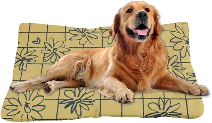 Grid Floral Yellow Vintage Dog Beds& Furniture Bed Mat Medium Dog Crate Pad Beds for Small Dogs Crate Washable Non-Slip Bed for Washable Small Medium Comfort Mat Pet Sized Indoor Outdoor 24X18 Inch