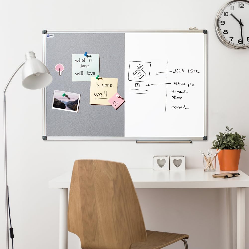 White Board and Cork Board Combo - 36 x 24 Inches Large Dry Erase Whiteboard and Bulletin Board, Magnetic Wall Pin Display Board for Home, Classroom & Office, 24"x36" Grey