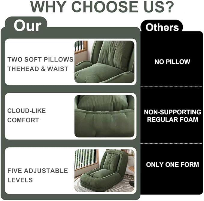 Adjustable 5-Position Human Dog Bed for People, Big Comfy Plush Floor Gaming Lazy Sofa Chair with Pillows & Back Support, Foldable Lounge Loveseat Couch for Living Room Bedroom (Greenโ )
