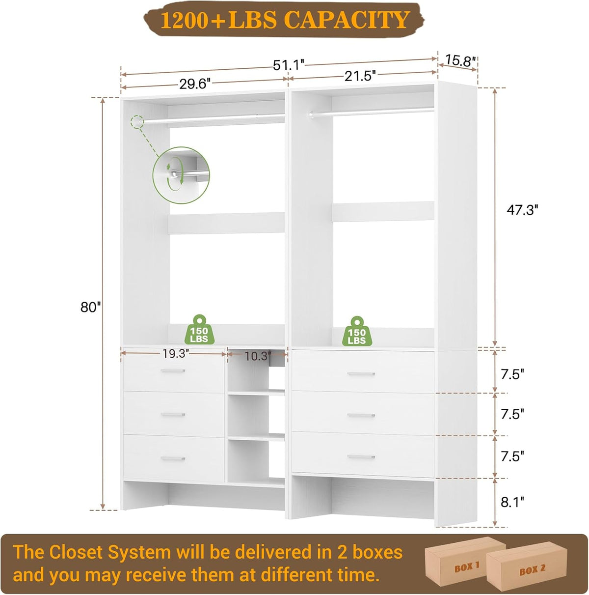 Aheaplus Closet System with 6 Drawers, 4.3ft, Set of 2, White