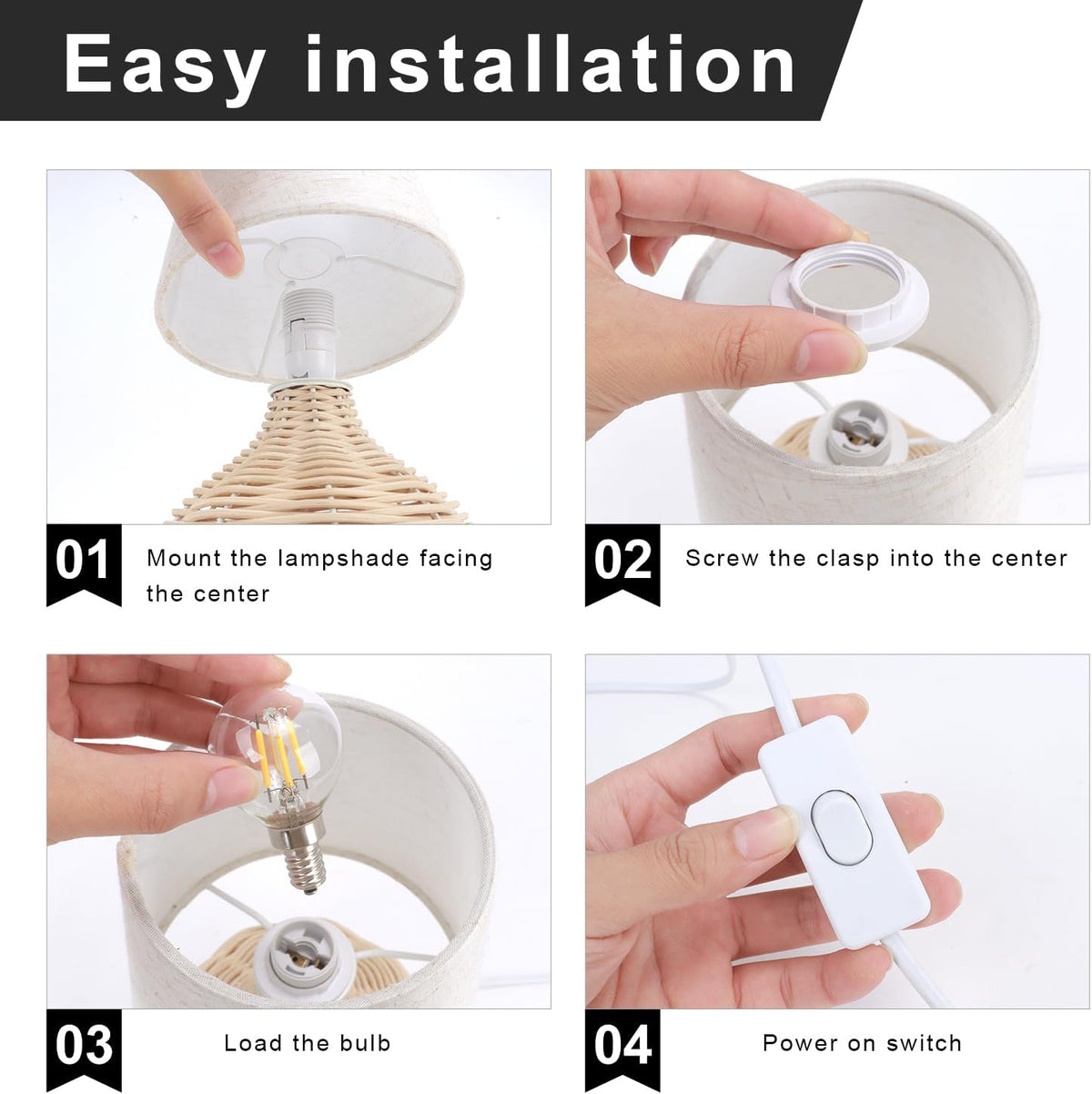 Rattan Small Table Lamp, Boho Farmhouse Style, Cotton Linen Lamp Shade, 6.2×6.2×11.8 Inch, with E12 LED Warm Light Bulb