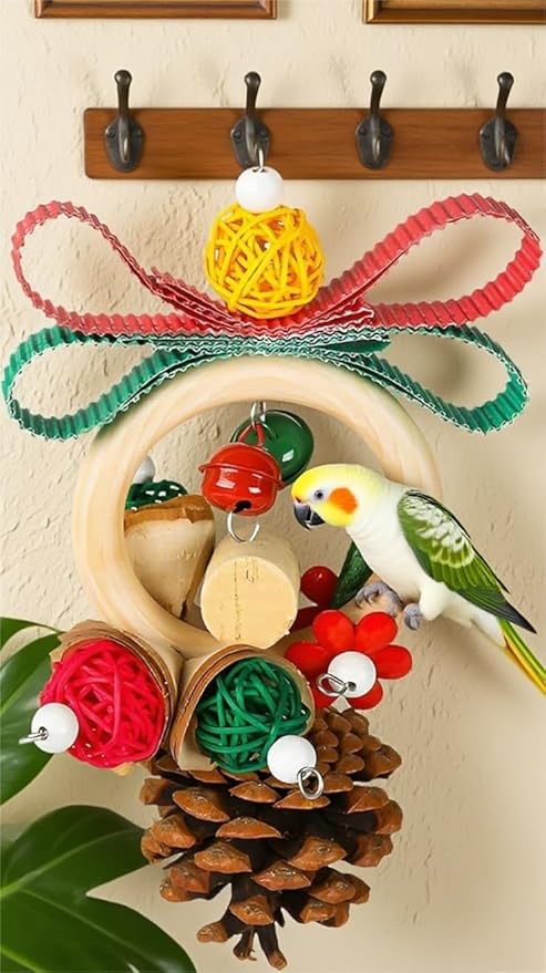 Christmas Bird Toys Foraging Shredder Hanging Toys Rope Perch with Bell Parakeet Toy Parrot Swing Climbing Standing Toys Bird Cage Accessories for Conure Cockatiel Budgies Lovebird