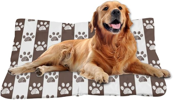 Brown Paw Print Stripes Dogs Bed Furniture Dog Crate Mat Dog Bed Pads for Crates Crate Washable Non-Slip Beds for Crates Beds Medium Dogs Mat Kennel Accessories Indoor Outdoor 36X24 Inch