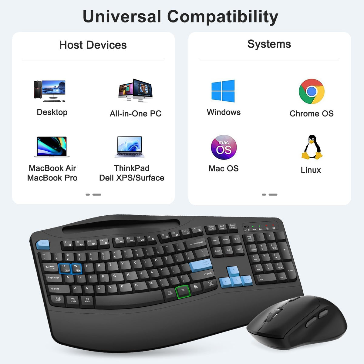 Wireless Keyboard and Mouse Combo, Full Size Ergonomic Wave Keys(Blue)