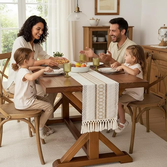 Boho Table Runner for Christmas, Woven Cream & Brown Macrame Dining Table