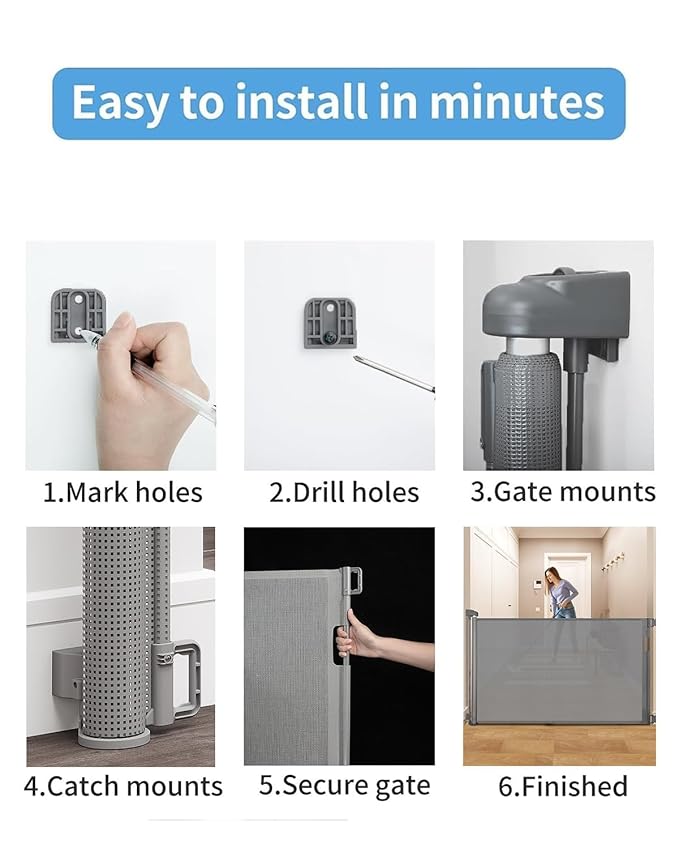 Retractable Baby Gate for Doorways and Stairs, Mesh Safety Gate for Pet, Indoor & Outdoor Use, One-Hand Operation, Easy Installation, 33.6" Tall, Expands to 71" Wide(Grey,33.6"x71")