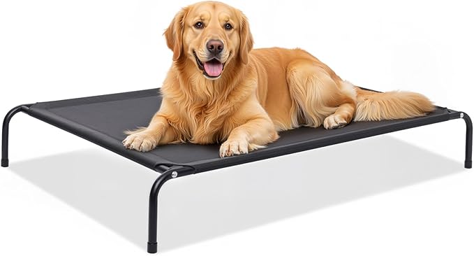 Elevated Dog Bed, Raised Outdoor Dog Cots Beds for Medium Dogs, Waterproof for Indoor & Outdoor, Cooling Hammock Cot with Breathable Mesh, Black, 37 Inches