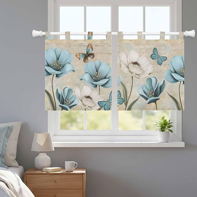 Spring Flowers Kitchen Curtains 24 Inch Length, Small Window Curtains Tab Top