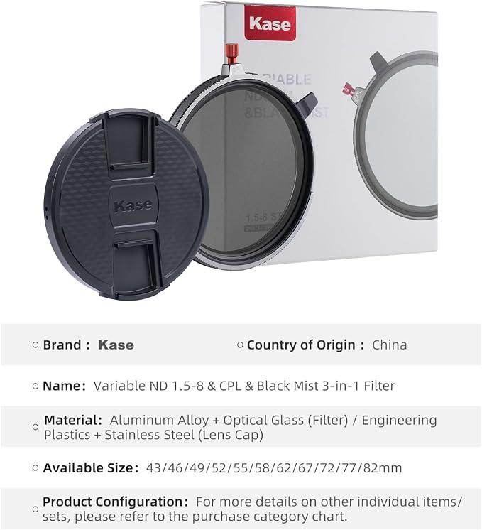 Kase 82mm Variable ND1.5-8 & CPL & Black Mist 3 in 1 Filter