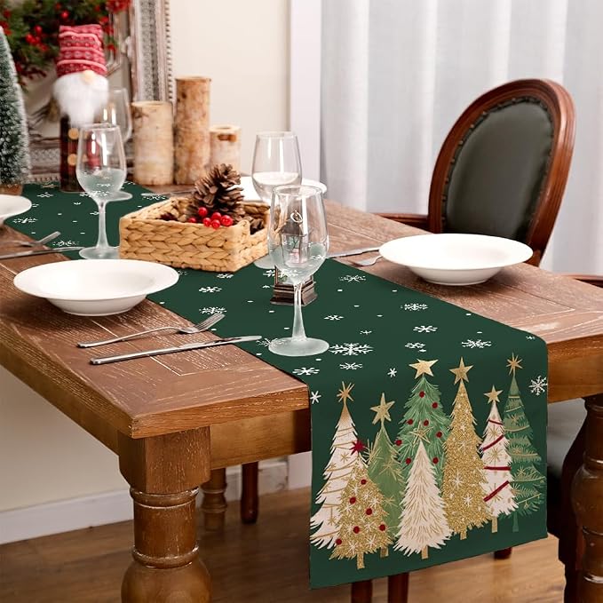 Christmas Table Runner 13x120 Inch, Xmas Trees Snowflakes Holiday Decorative