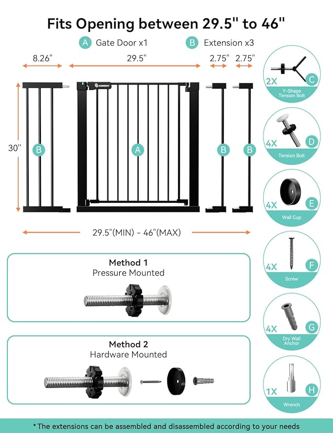 COMOMY 30" Tall Baby Gate for Stairs Doorways, Fits Openings 29.5" to 46" Wide, Auto Close Extra Wide Dog Gate for House, Pressure Mounted Easy Walk Through Pet Gate with Door, Black