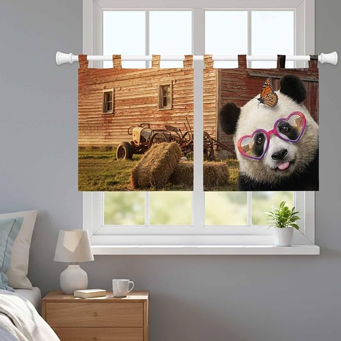 Farm Panda Kitchen Curtains 36 Inch Length, Small Window Curtains Tab Top