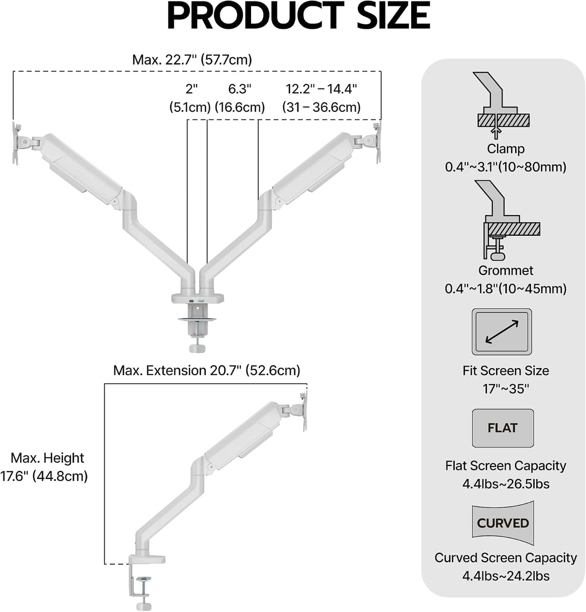 ARES WING Dual Monitor Mount with USB for 2 Monitors for 17-35 inch, White