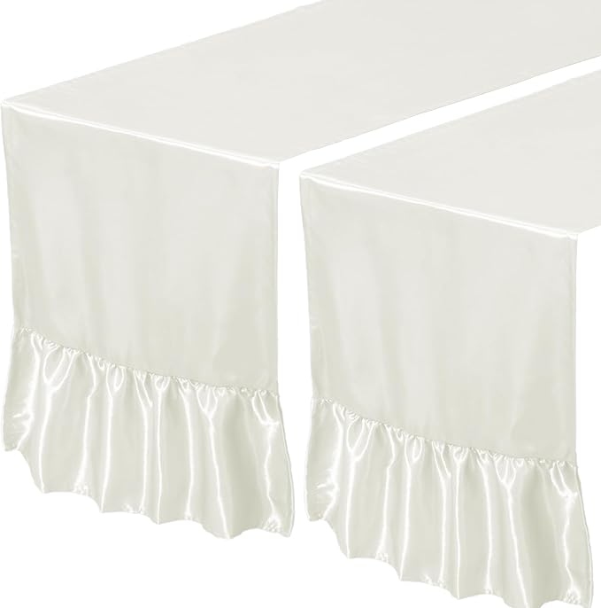 2 Pack White Satin Table Runner 12 x 72 Inch | Ruffle Design, Luxurious Dining