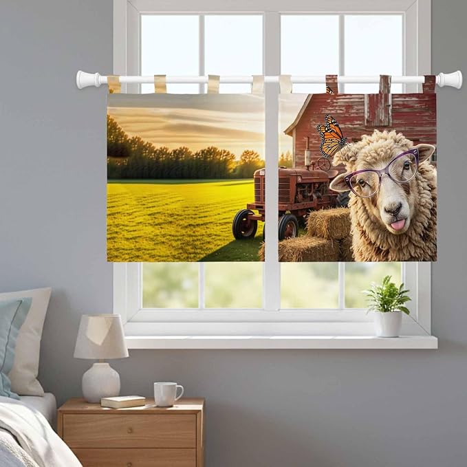 Farm Sheep Kitchen Curtains 24 Inch Length, Small Window Curtains Tab Top