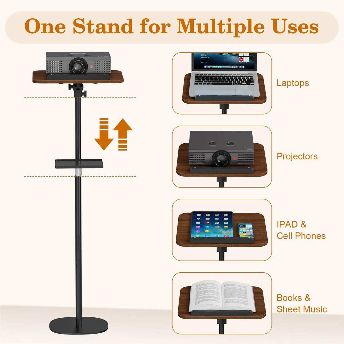 Snughome Floor Book Stand with Removable Tray, Wood Standing Book Stand for Reading, Height Adjustment 21"-51", Music Stand Cookbook Stand Textbook Stand Laptop Stand Book Holder for Display