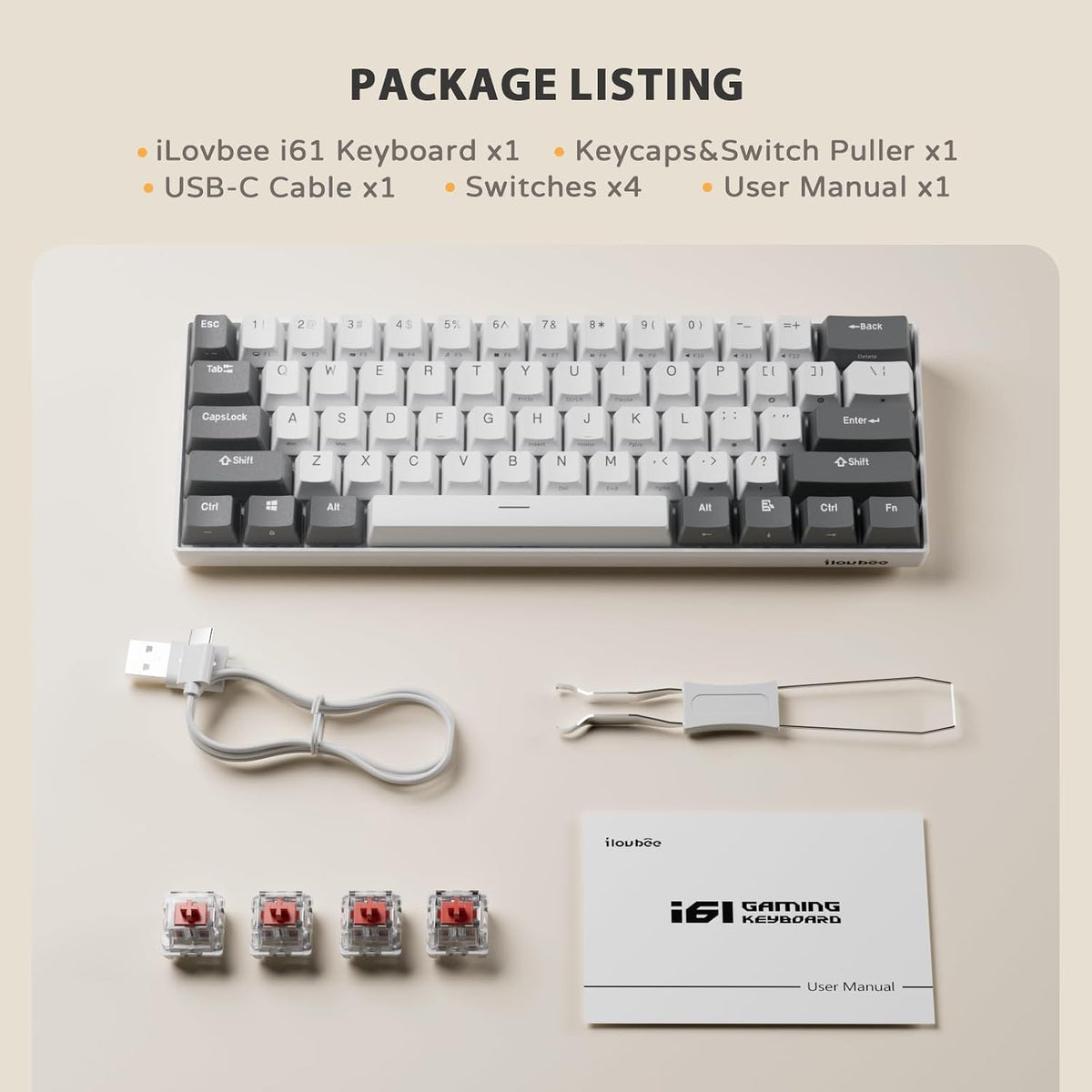 iLovBee i61 Mechanical Keyboard 60 Percent, RGB Hot Swappable Red Switch