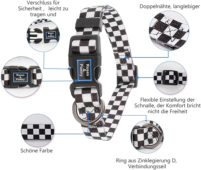 Roses&Poetry Dog Collar with Colourful Checkered Patterns, Adjustable Durable Puppy Collars for Small Medium Large Dogs (Black & White-XS)