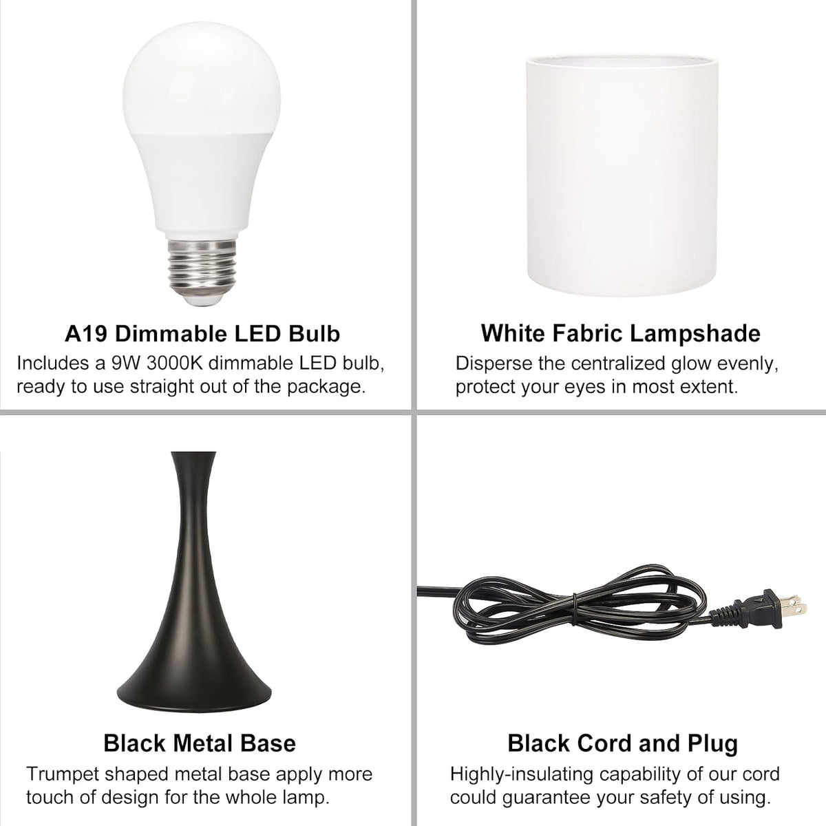Seaside village 3 Way Touch Control Table Lamp, Modern Bedside Lamp for Bedroom, Dimmable Black Nightstand Lamp White Shade Desk Reading Light for Living Room Office Dorm, 3000K LED Bulb Included