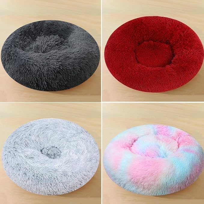 Calming Small Dog Bed & Cat Bed, 16 Inch Donut Fluffy Anti-Anxiety Round Bed Washable Cute Bed, Cuddler Warming Cozy Soft Bed, Plush Cushion Bed for Small Medium Dogs and Cats (Dark Blue)