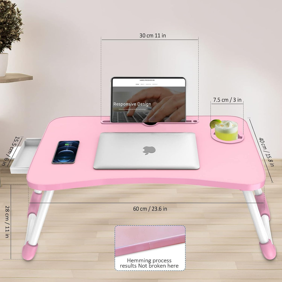 Zapuno Multi-Function Laptop Bed Table with Storage Drawer and Cup Holder, Lap Desk Stand Tray for Eating, Reading and Working