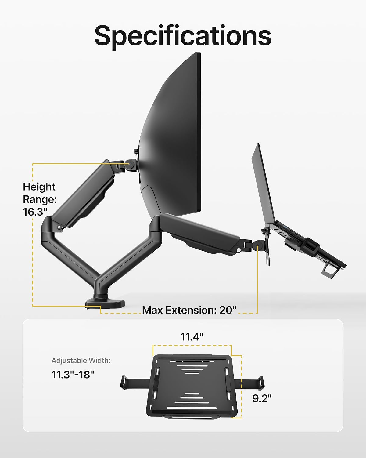 monTEK 2-in-1 Laptop & Monitor Desk Mount, Fits 12–18"Laptops & 32" Screens