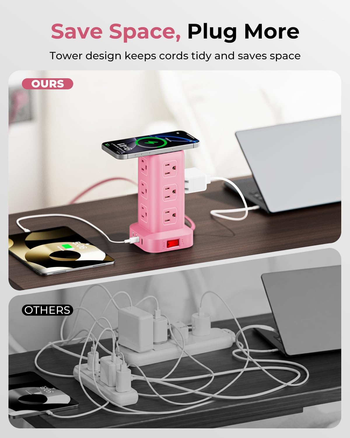 Pink Power Strip with 12 Outlets 4 USB (1 USB C), 6.5Feet Extension Cord with Multiple Outlets, Charging Station, Power Strip Tower, Home Office Desk Supplies