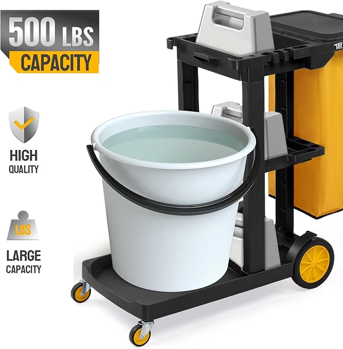TUFFIOM Commercial Traditional Cleaning 3-Shelf Janitorial Cart, 500 Lbs Capacity Housekeeping Cart, Wheeled with Yellow VinylBag and Cover w Lid, Black