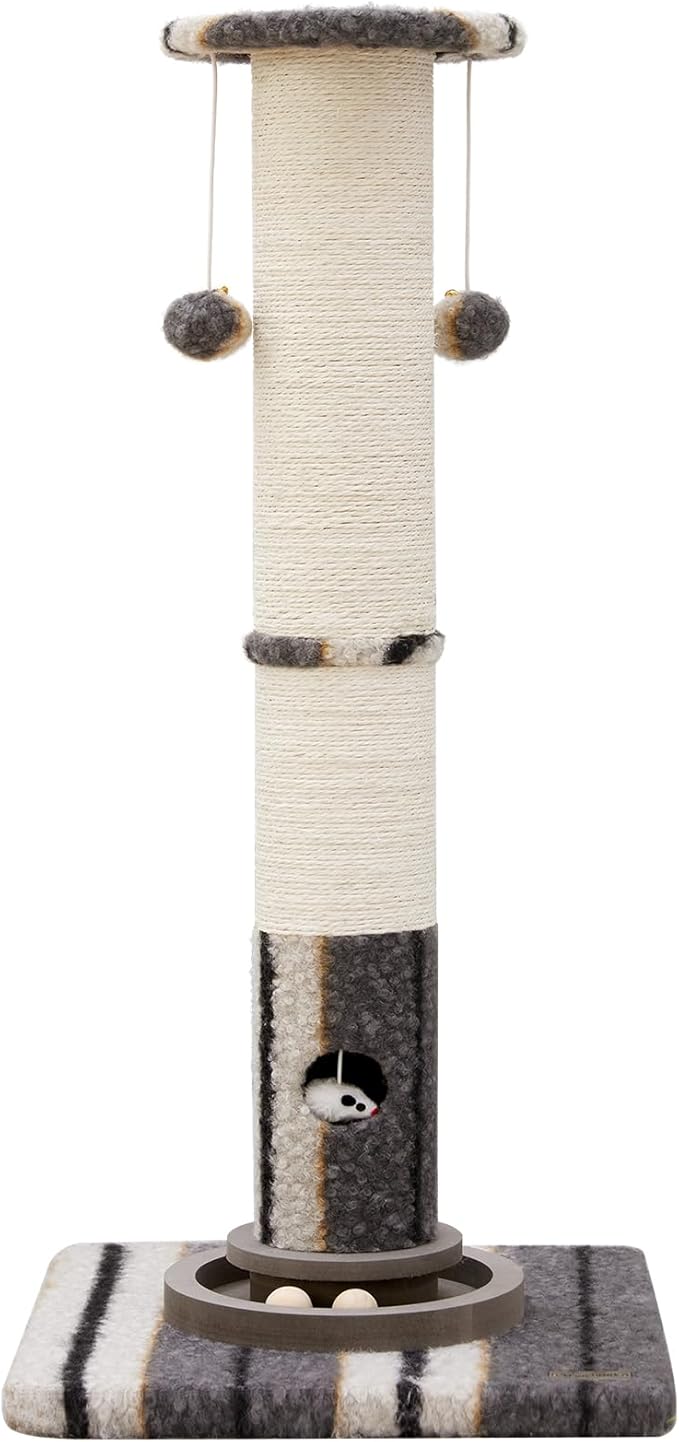 34inches Cat Scratching Post Sisal Cat Scratcher with Cat Ball Track Toy Heavy Duty and Thicker Large Diameter Natural for Adult Cats and Kitty Protect Your Furniture(Grey)