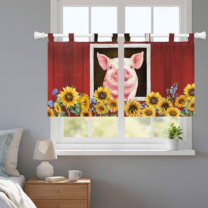 Pigs Sunflowers Kitchen Curtains 36 Inch Length, Small Window Curtains Tab Top