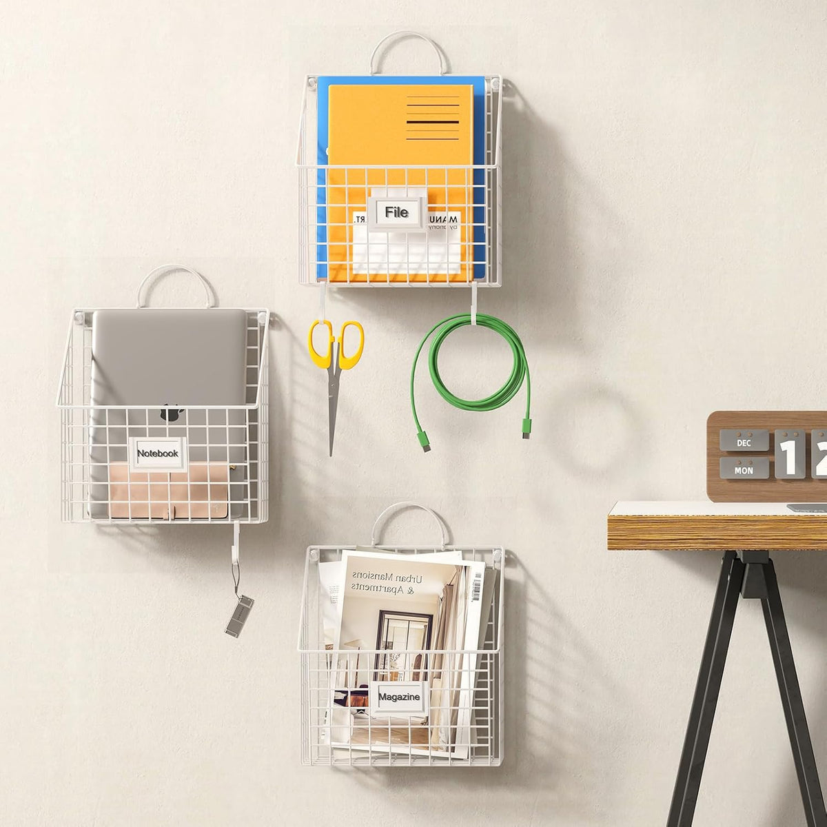 4 Packs Hanging Wall File Organizer with Hooks, Magazine Rack ,Mail Basket