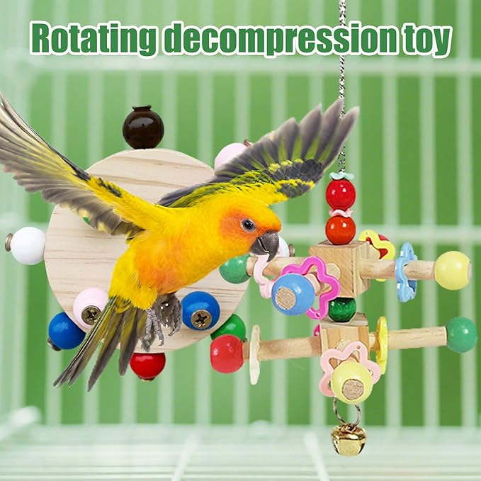Bird Spinner Toys for Parrots with Bells,Natural Wood Parakeet Toys for Cage,Bird Cage Accessories Chewing Hanging for Small and Medium Birds,Cockatiel,Conure,Lovebird,Budgie,Quaker(2pcs)