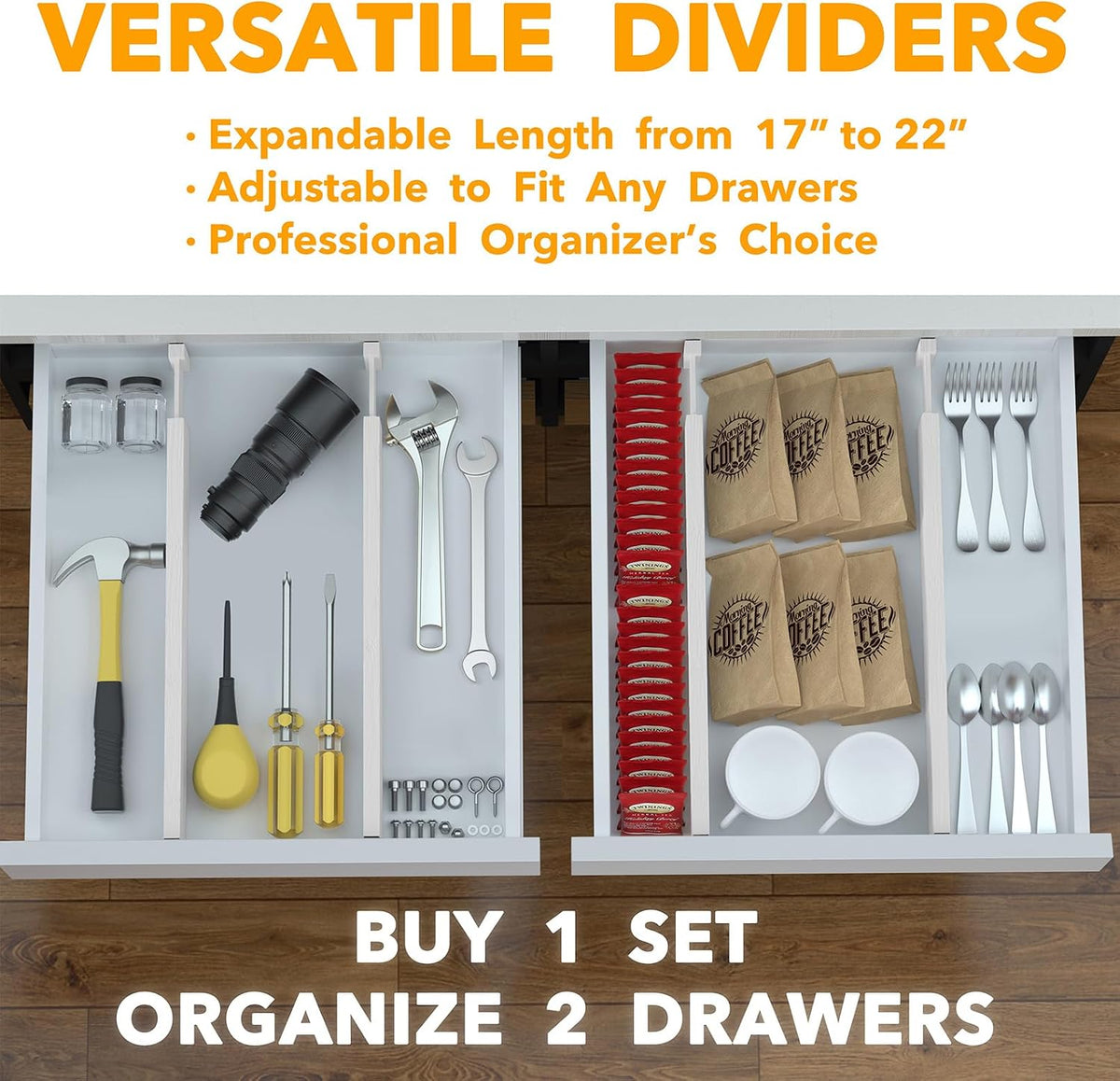 SpaceAid 4 Pack Bamboo Drawer Dividers with Labels, Kitchen Adjustable Drawer Organizers, Expandable Organization for Home Clothes Dressers (17-22 in, White)