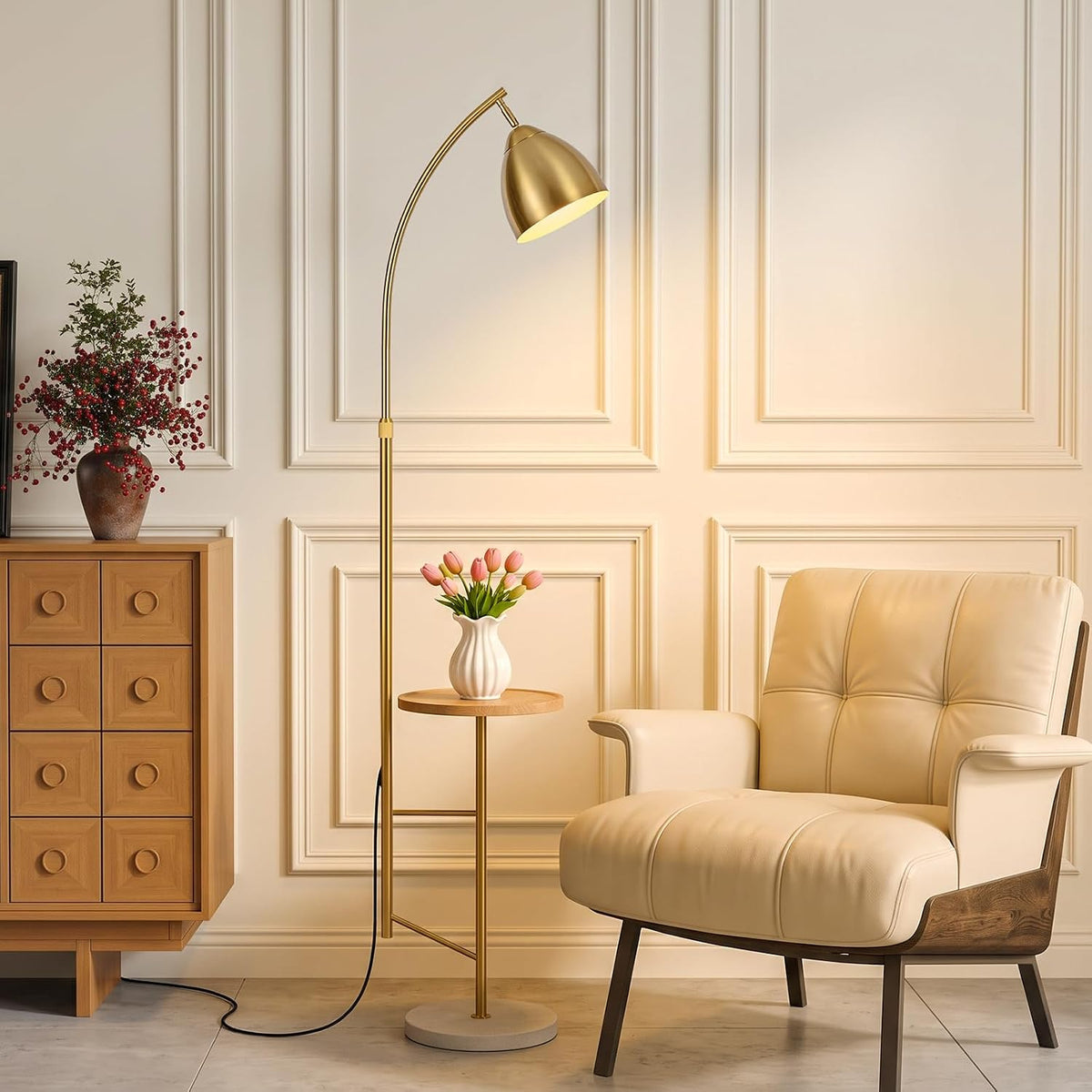 Brushed Gold Standing Lamp with Table, Adjustable Head,Bulb Included