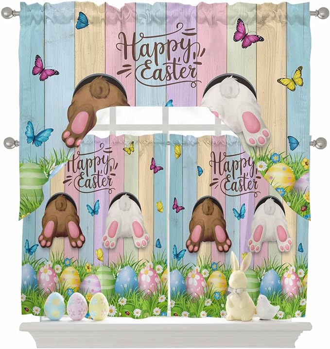 Swag Valance Curtains, Happy Easter Rabbit Butt Egg on Daisy Leaf Rod Pocket