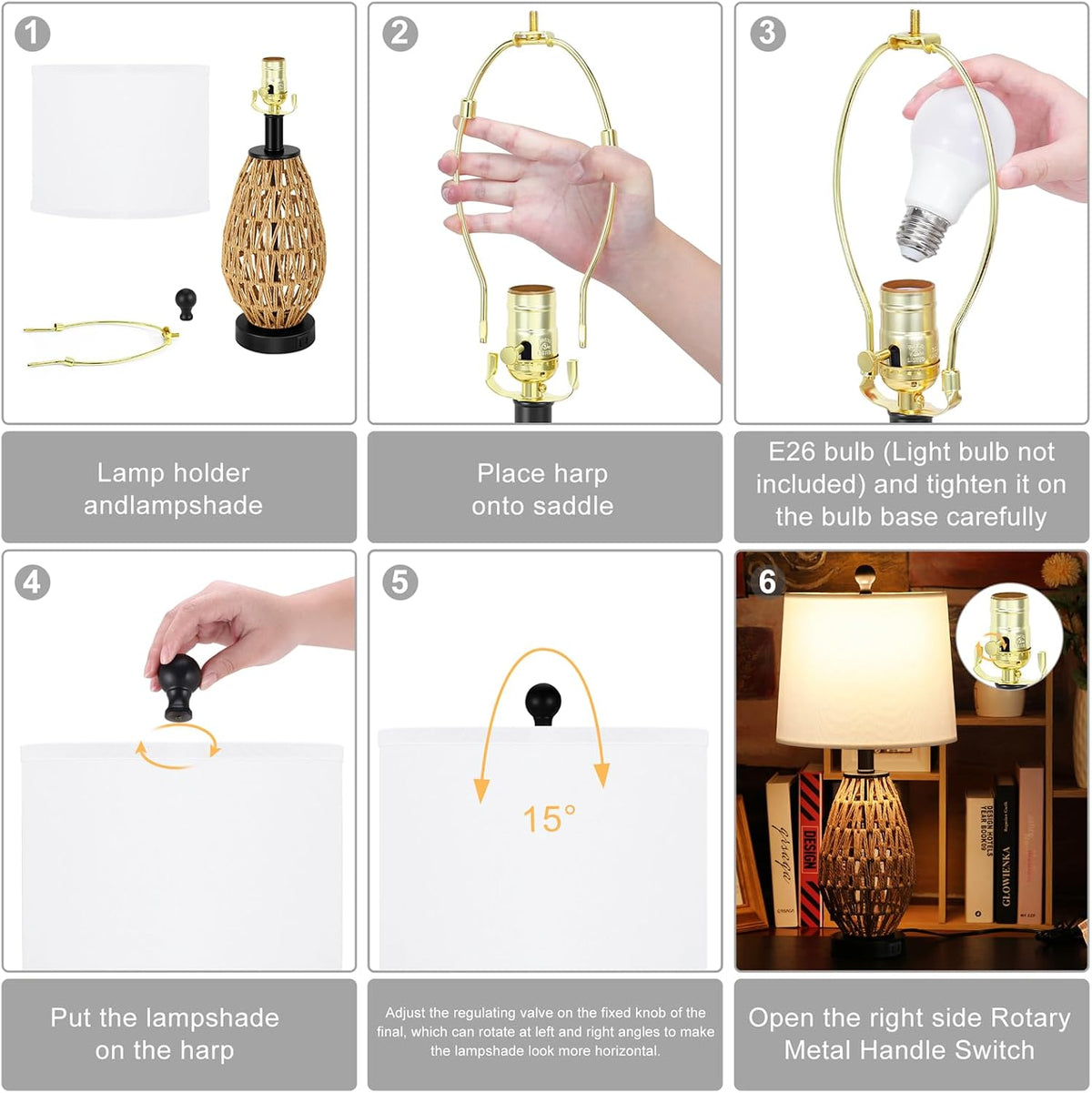 Coastal Table Lamps Set of 2, Retro Rattan Woven 24" Bedside Lamp, for Bedroom Living Room Home Nightstand Table Lamp(with USB C+A 5V 2.1A Charging Ports)