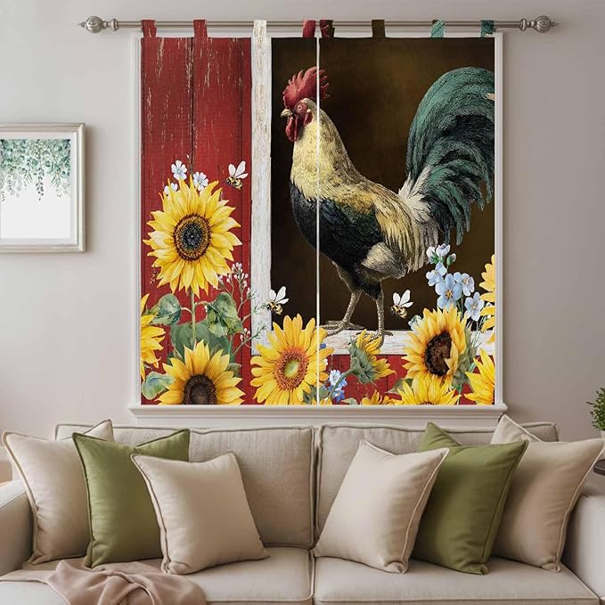 Chicken Sunflowers Bedroom Curtains 72 Inch Length, Window Curtains Tab Top