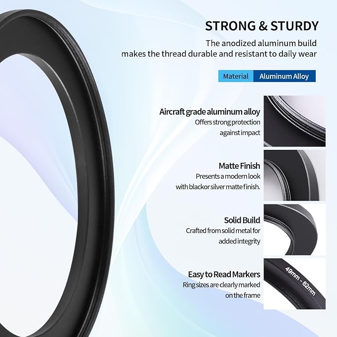 49-62mm Step-Up Ring Adapter, 49mm to 62mm Step Up Filter Ring