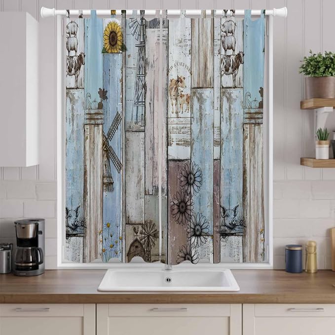 Blue Grey Wooden Living Room Curtains 84 Inch Length, Window Curtains Tab Top