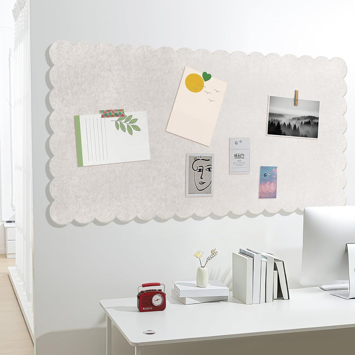 Mooliwe Scalloped Felt Bulletin Cork Board Foldable Beige 96 x 48 Inch