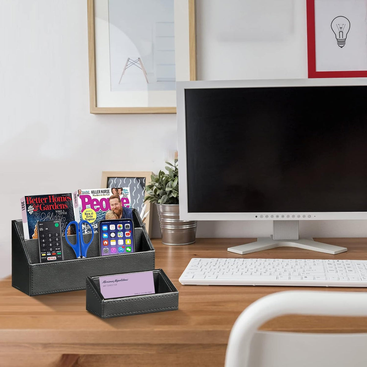 Ayunga PU Leather 6-piece Office Supplies Combination Set,Pencil Cup,Business Card Holder,Sticky Note Dispenser,Mail Sorter,Letter Tray,Files Holder,Suitable for Self-use and Friend Gifts(Black)