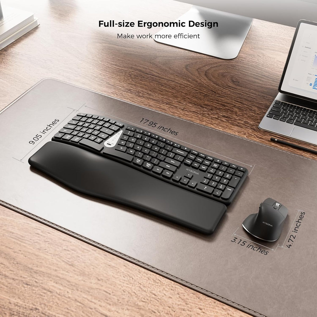KYSONA Ergonomic Keyboard Mouse Wireless Combo, Full Size Bluetooth Split Keyboard with Wrist Rest, 4 Level DPI Ergo Mouse for Windows Mac OS Computer, Black