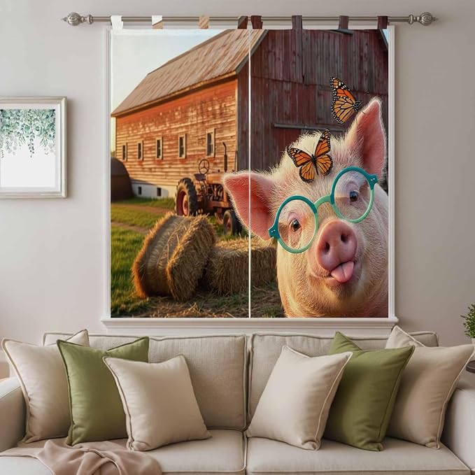 Farm Pig Bathroom Curtains 63 Inch Length, Window Curtains Tab Top, Farmhouse
