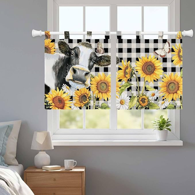 Retro Sunflowers Kitchen Curtains 24 Inch Length, Small Window Curtains Tab Top