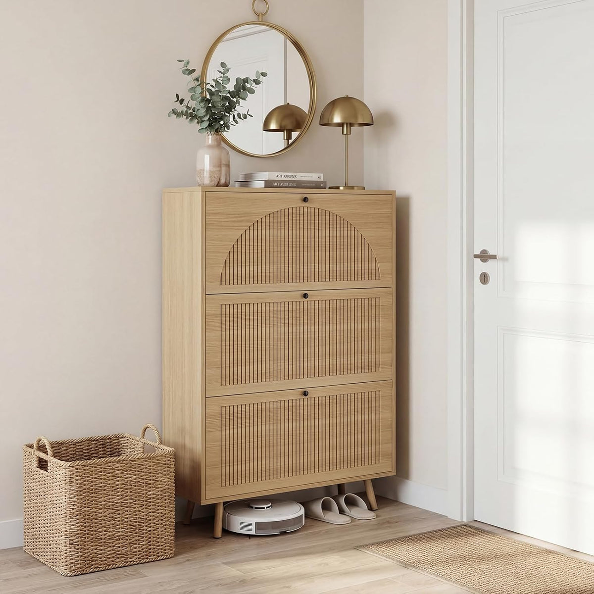 Shoe Organizer for Entryway, Fluted Shoe Cabinet with Flip Drawers, Oak