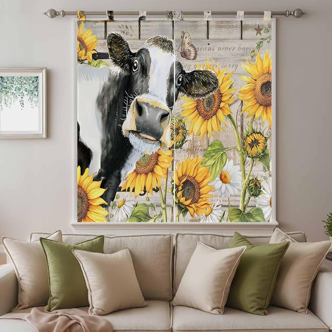 Yellow Sunflowers Bathroom Curtains 63 Inch Length, Window Curtains Tab Top